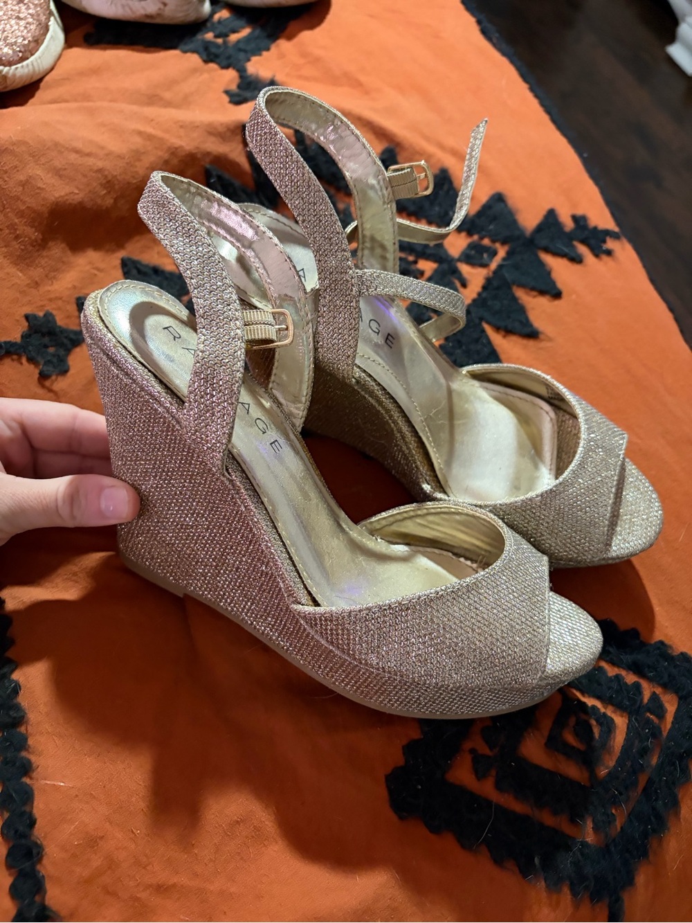 Rampage Rose Gold Glitter Wedge Sandals - Women